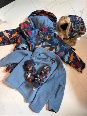 Navy Dino Puffer Jacket Set with hat and gloves.